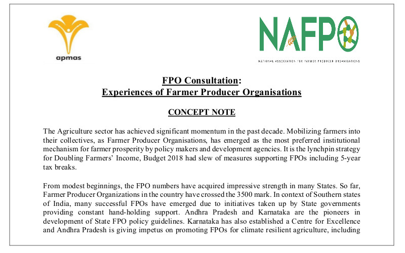 Conference on Experiences of Farmer Producer Organisations (a context of South India)- Jointly organised by APMAS & NAFPO on 12th July, 2019, Hyderabad